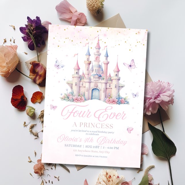 Invitation Four Ever A Princess Pink Girl 4th Birthday Party  (Créateur téléchargé)