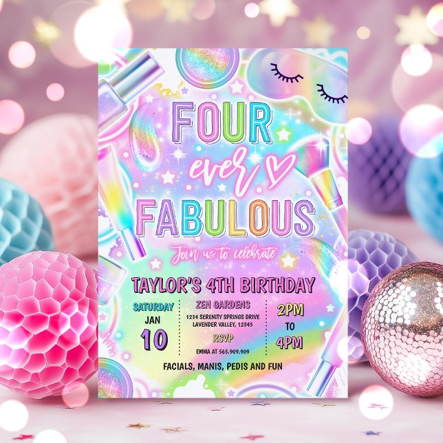 Invitation Four Ever Fabulous Rainbow Spa Makeup Birthday  (Créateur téléchargé)