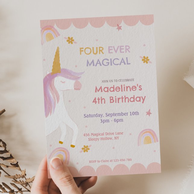 Invitation Four Ever Magical Unicorn Pink Girl Birthday (Créateur téléchargé)