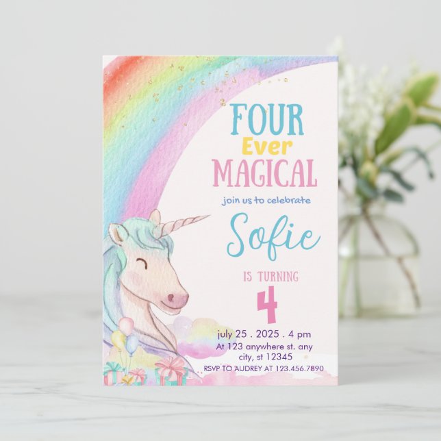 Invitation Four Ever Magique, Pastel Unicorn Anniversaire (Debout devant)