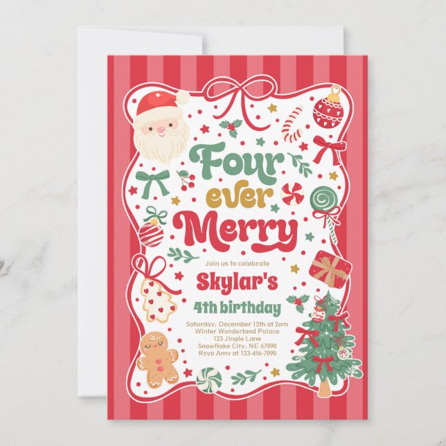 Invitation Four Ever Merry Christmas Bow 4th Birthday (Devant)