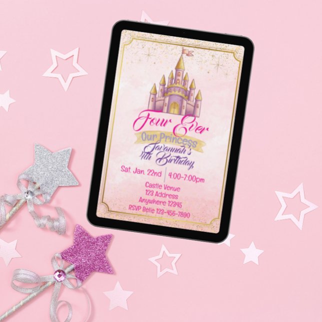 Invitation Four Ever Our Princess Purple Gold Castle Birthday (Créateur téléchargé)