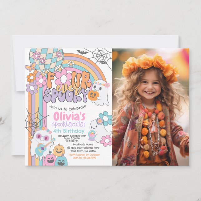 Invitation Four Ever Spooky Hippie Halloween 4th Birthday (Devant)