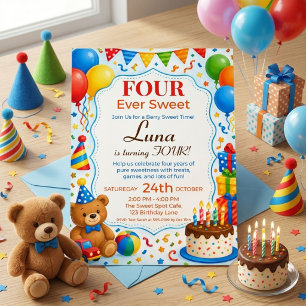 Invitation Four Ever Sweet 4e Anniversaire Fête Ourson Mignon