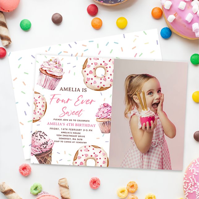 Invitation Four Ever Sweet Cupcake & Donuts 4e anniversaire (Créateur téléchargé)