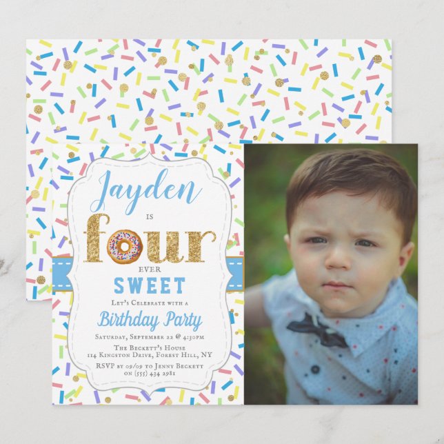 Invitation FOUR ever Sweet Donut Boys 4e anniversaire Invitat (Devant / Derrière)