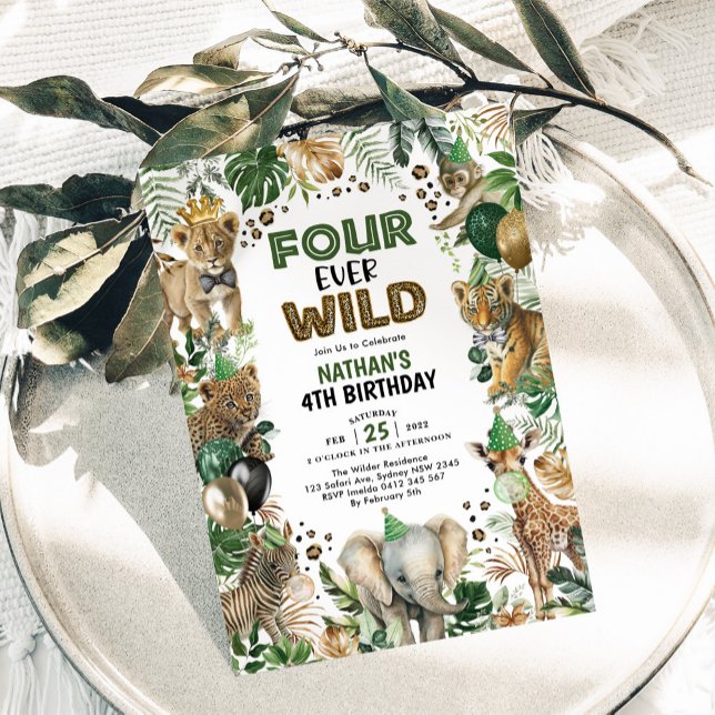 Invitation Four Ever Wild Jungle Safari Animaux 4e anniversai (Créateur téléchargé)
