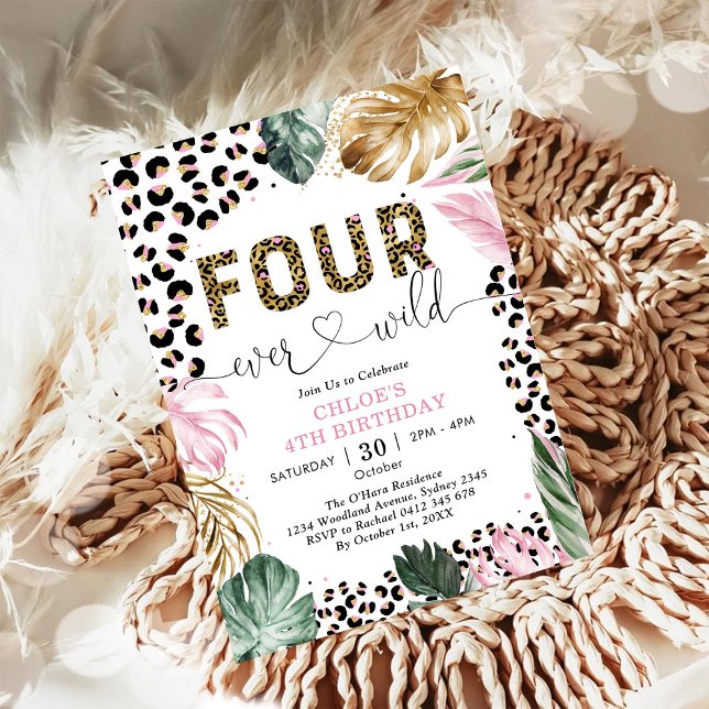Invitation Four Ever Wild Leopard Girl 4e Anniversaire (Créateur téléchargé)