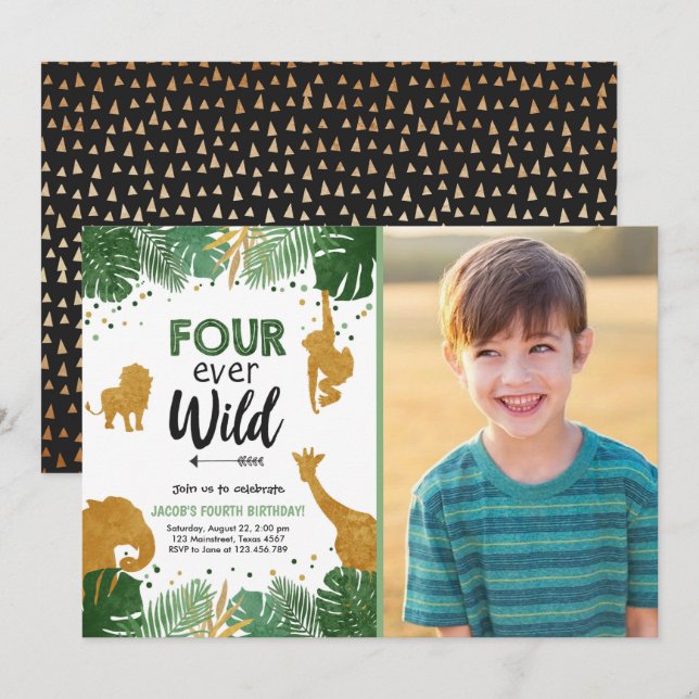Invitation Four Ever Wild Safari Animal Boy Anniversaire (Devant / Derrière)