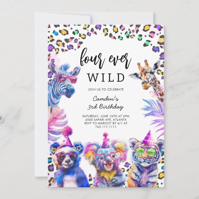 Invitation Four Ever Wild Safari Animals 4th Birthday  (Devant)