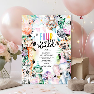 Invitation Four Ever Wild Safari Animaux Cool 4e anniversaire