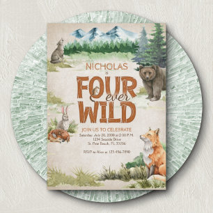 Invitation Four Ever Wild Woodland Animal 4e anniversaire