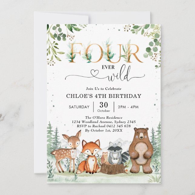 Invitation Four Ever Wild Woodland Party Animals 4th Birthday (Devant)