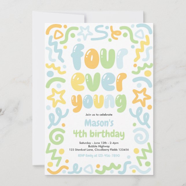 Invitation Four Ever Young Confetti Balloon 4th Birthday  (Devant)