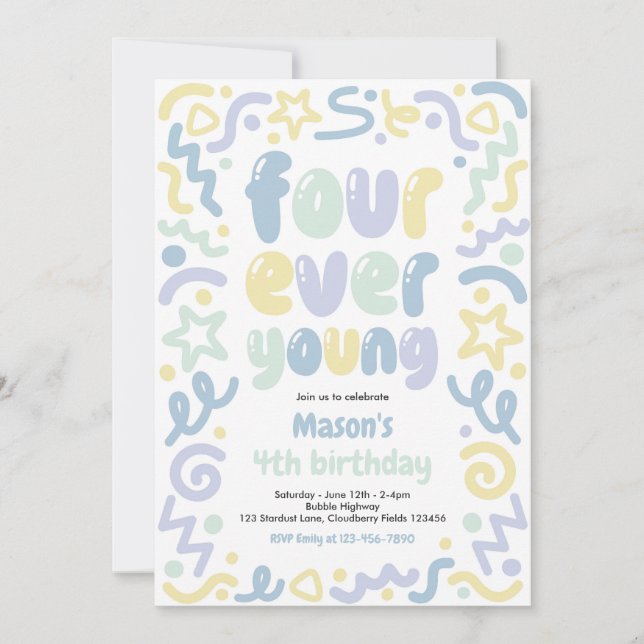 Invitation Four Ever Young Confetti Balloon 4th Birthday  (Devant)