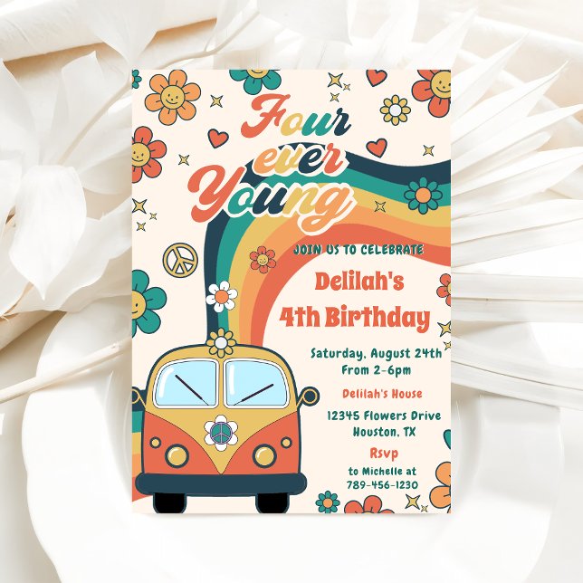 Invitation Four Ever Young Retro Floral 4e fête d'anniversair (Créateur téléchargé)