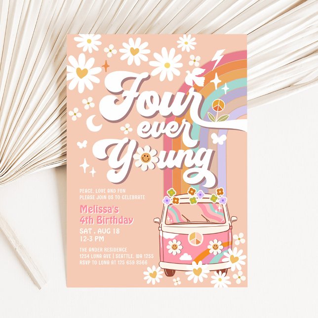 Invitation Four Ever Young Super Daisy Rainbow 4e anniversair (Créateur téléchargé)