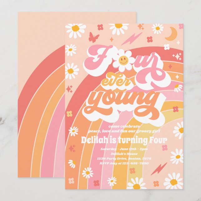 Invitation Four Ever Young Super Rainbow 4th Birday Party (Devant / Derrière)