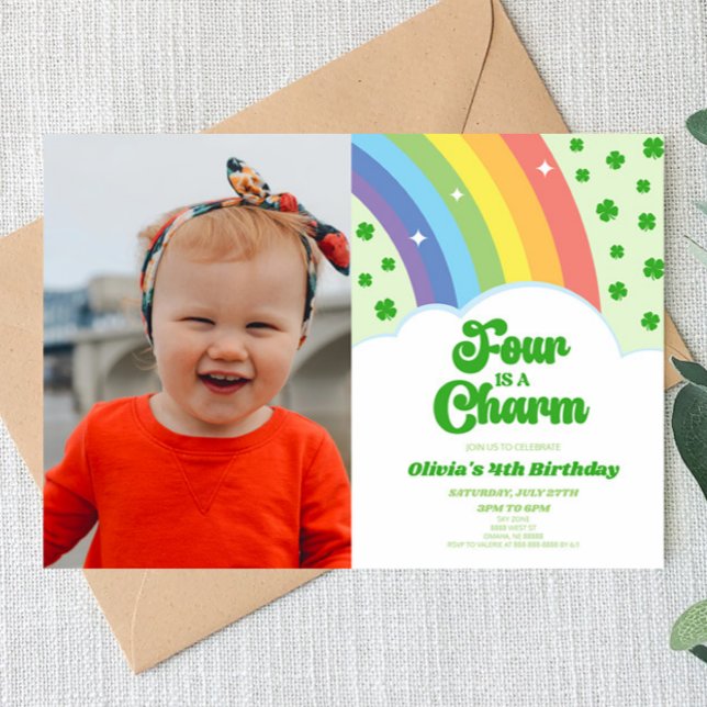 Invitation Four Is A Charm Rainbow Clover 4e fête d'anniversa (Créateur téléchargé)