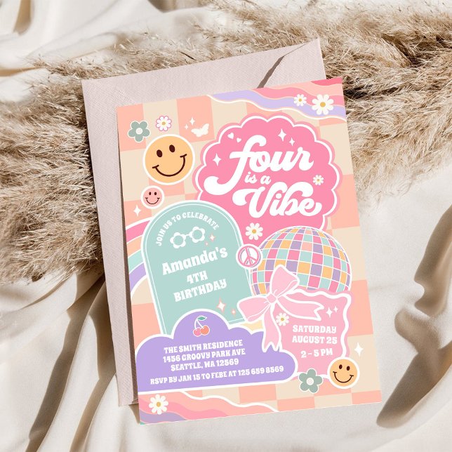 Invitation Four Is A Vibe Cloud Rainbow Disco 4th Birthday (Créateur téléchargé)