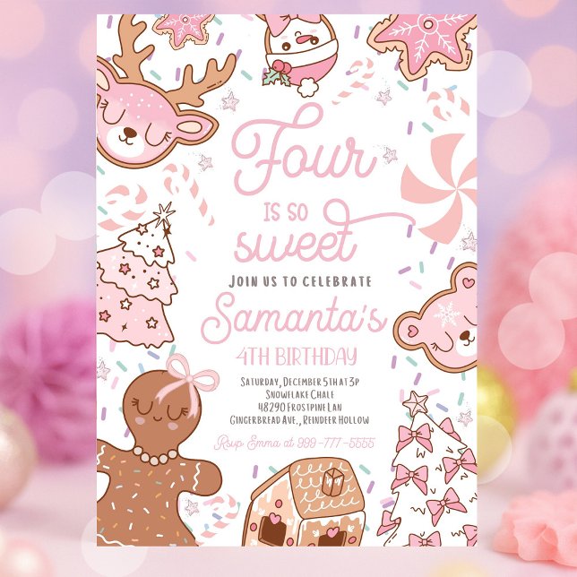 Invitation Four Is So Sweet Christmas Cookie Anniversaire (Four Is So Sweet girl Christmas cookie birthday party with festive holiday décor, dessert table, and)