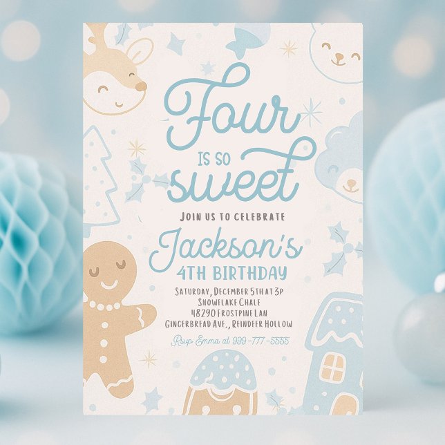 Invitation Four Is So Sweet Christmas Cookie Boy Anniversaire (Four Is So Sweet Christmas cookie boy birthday invitation with festive holiday design, cookie illust)