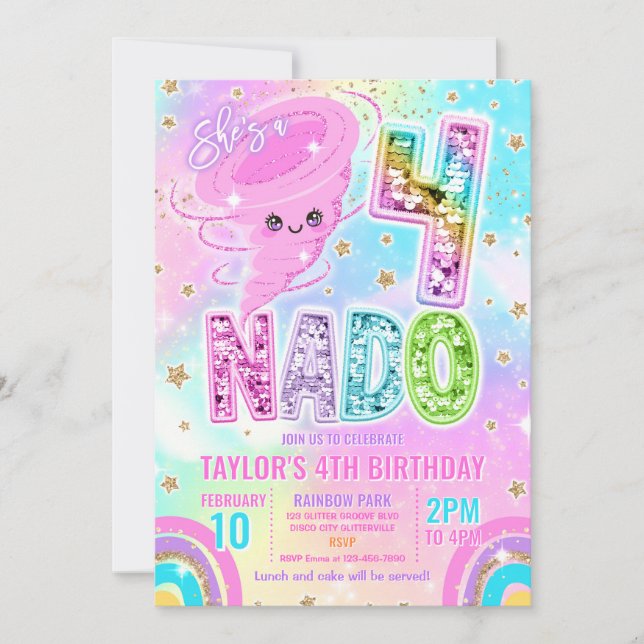 Invitation Four Nado Rainbow Glitter 4th Birthday Party  (Devant)
