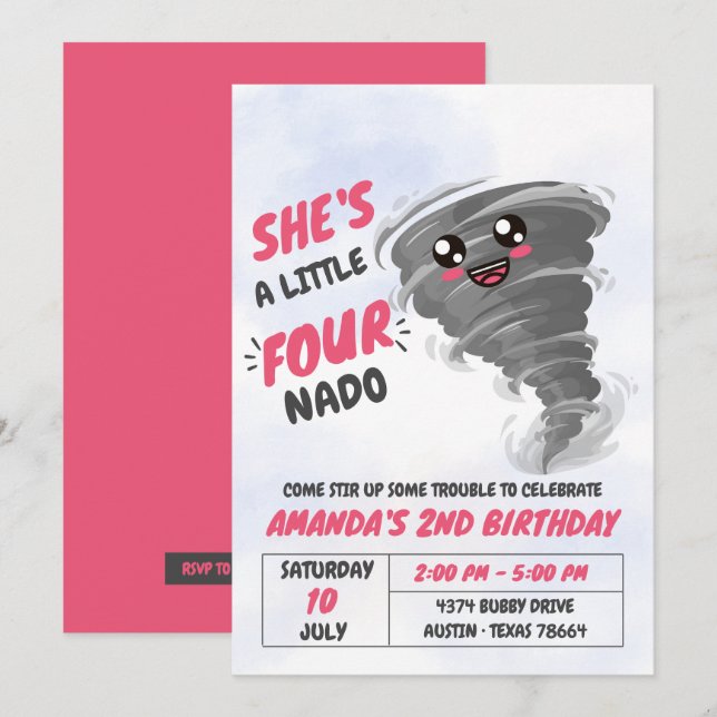Invitation Four Nado Tornado Quatrième fête d'anniversaire (Devant / Derrière)