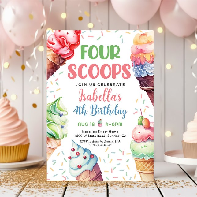 Invitation Four Scoops Girls Ice Cream 4e anniversaire (Créateur téléchargé)