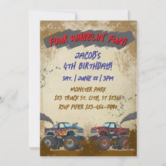 Invitation Four Wheelin' Fun Monster Truck Birthday 