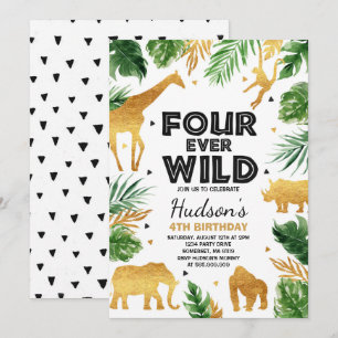 Invitation Fourever Wild 4e anniversaire fête Safari Animaux