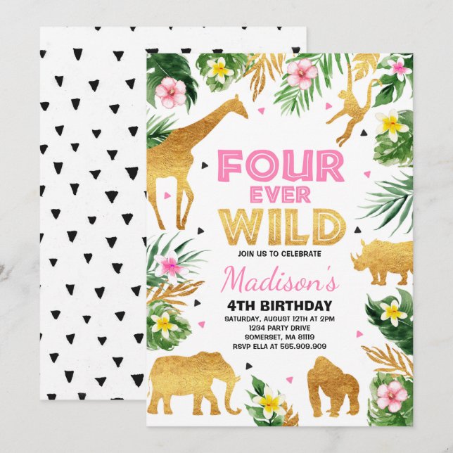 Invitation Fourever Wild 4e anniversaire fête Safari Animaux (Devant / Derrière)