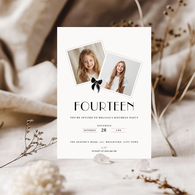 Invitation Fourteen black ribbon 14th birthday teens (Créateur téléchargé)