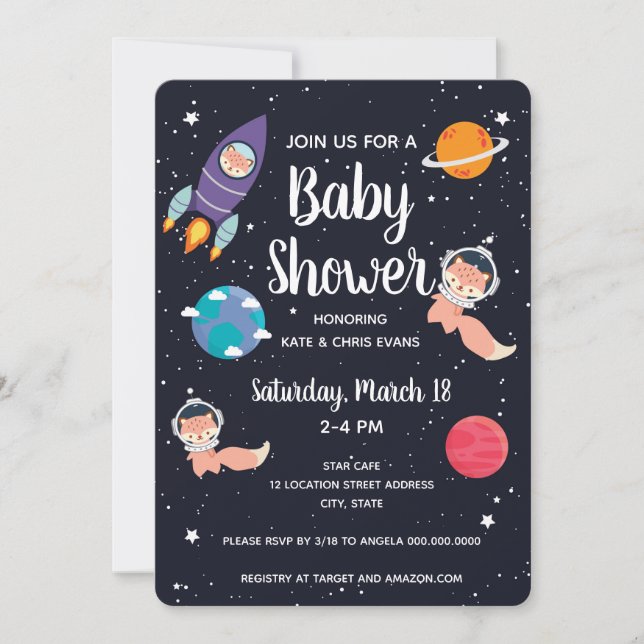 Invitation Fox Baby shower Space Navy Baby shower Galaxy (Devant)