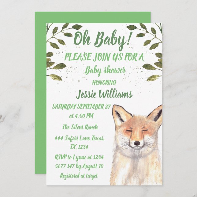 Invitation Fox Bois animaux Green Rustic Baby garçon douche (Devant / Derrière)