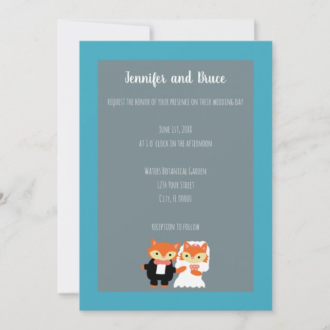 Invitation Fox Bride Groom Cute Turquoise Grey Personnaliser  (Devant)