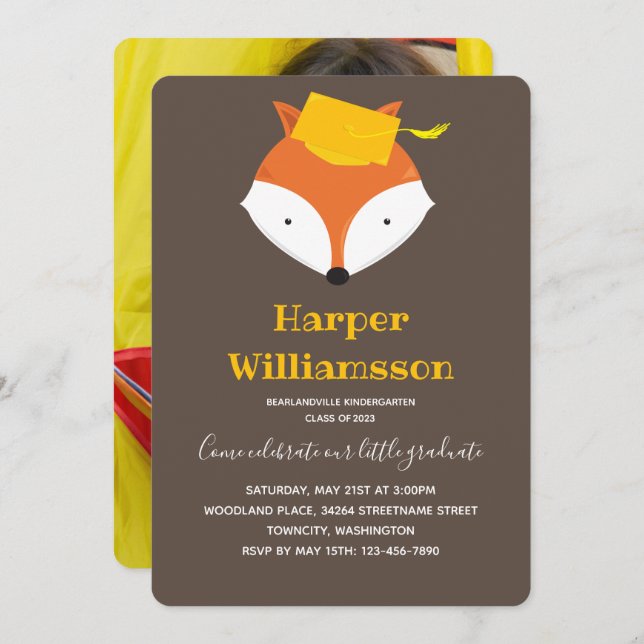 Invitation Fox Brown Jaune Photo jardin d'enfants Graduation (Devant / Derrière)