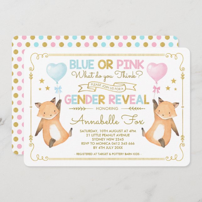 Invitation Fox Genre Revele Baby shower bleu rose or (Devant / Derrière)