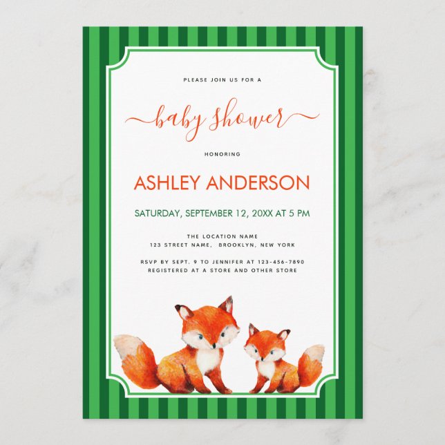Invitation Fox Mama and Baby Shower Green Stripes Cute (Devant)