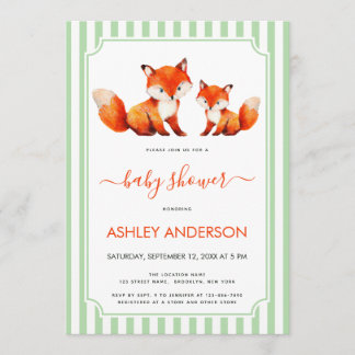 Invitation Fox Mama and Baby Shower Pale Green Stripes Cute