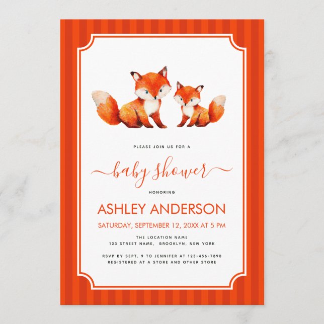 Invitation Fox Mama and Baby Shower Watercolor & Red Stripes (Devant)