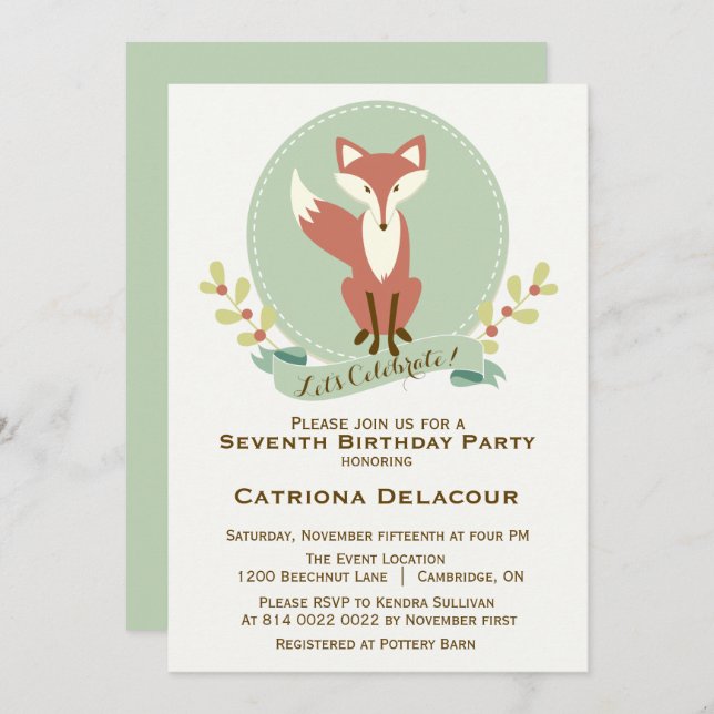 Invitation Fox Portrait Floral Anniversaire de enfant Party I (Devant / Derrière)