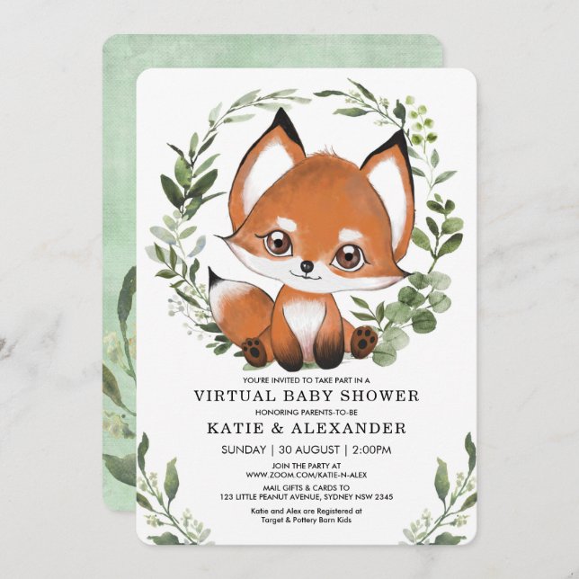 Invitation Fox Virtual Baby shower Par Mail Woodland Greenery (Devant / Derrière)