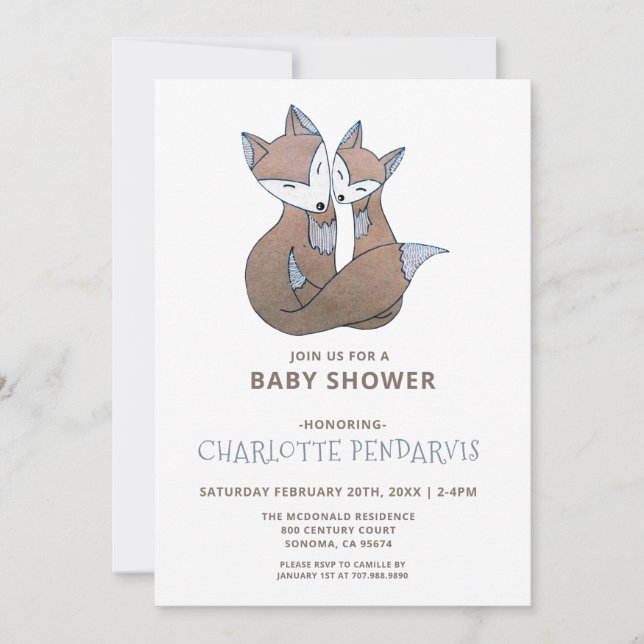 Invitation Fox Watercolor Baby Boy Baby shower bleu (Devant)