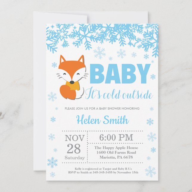 Invitation Fox Winter Blue Boy Baby shower Snowflake (Devant)