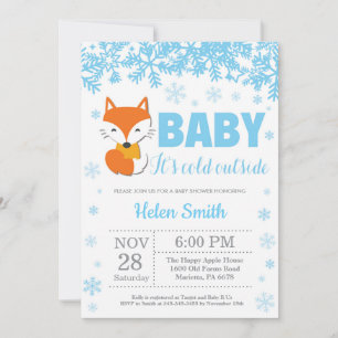 Invitation Fox Winter Blue Boy Baby shower Snowflake