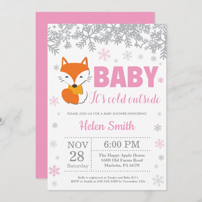 Invitation Fox Winter rose Fille Baby shower Flocon de neige (Devant / Derrière)