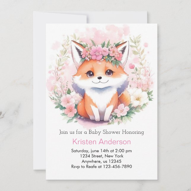 Invitation Fox Woodland Meadow Boho Girl Baby shower (Devant)