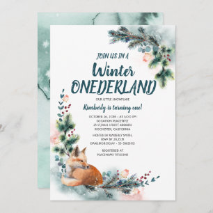 Invitation Fox Woodland Winter Onederland Baby Birthday Party
