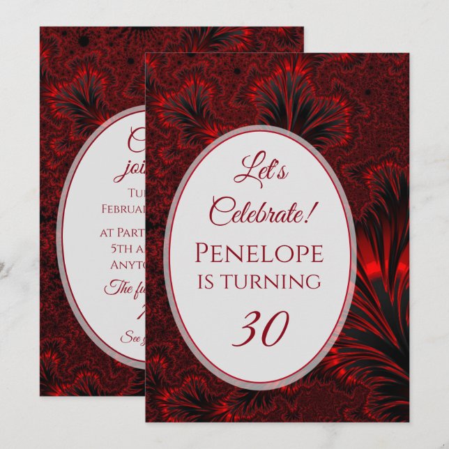 Invitation Fractal rouge brillant 30e anniversaire (Devant / Derrière)